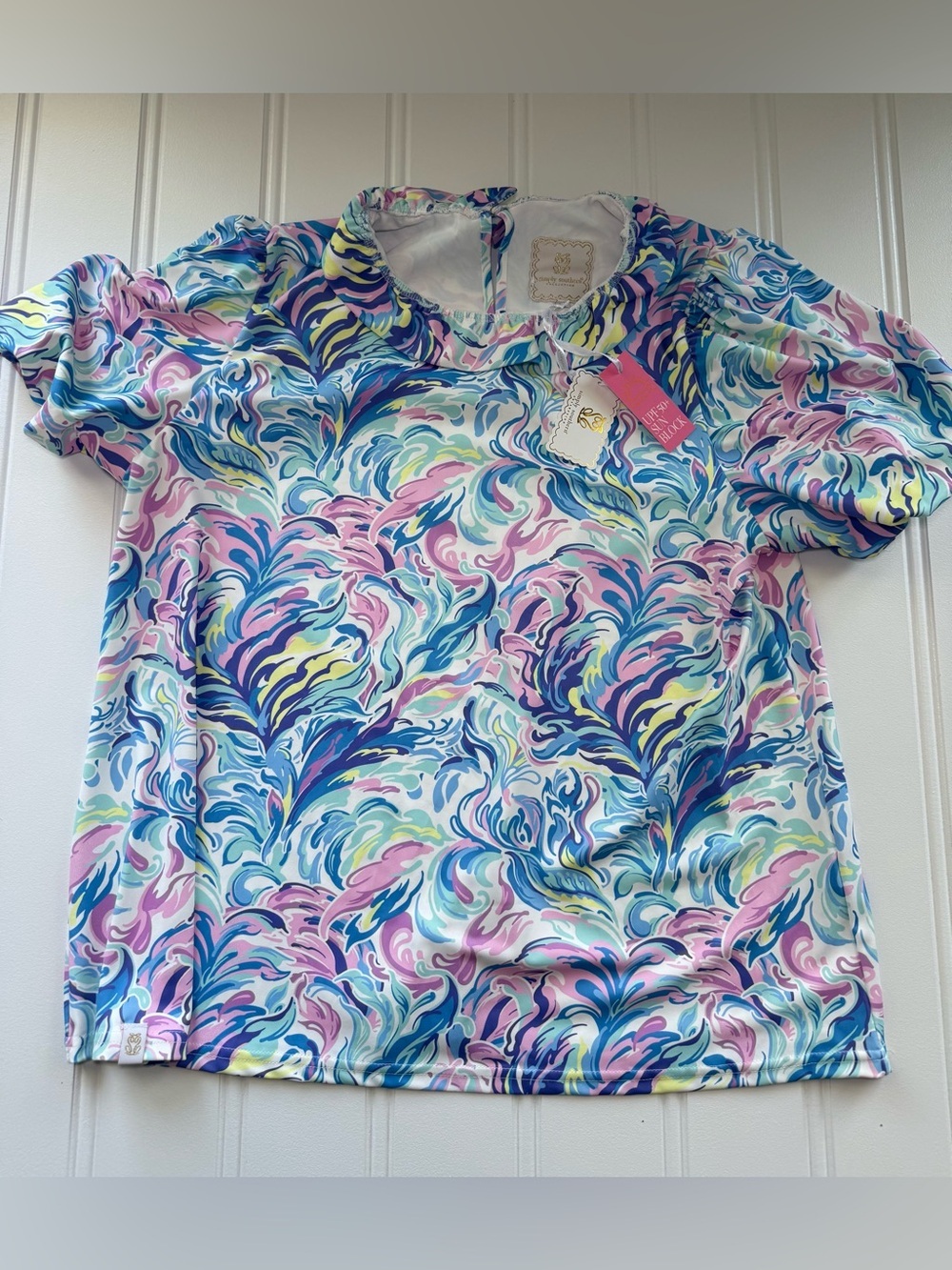 Simply Southern Ruffle Neck Blouse Puff Sleeve Top UPF 50 Womens Large NEW 3013